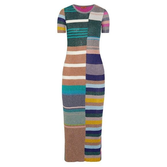 Missoni Metallic Striped Ribbed Knit Midi Dress Green Lettuce Hem Multicolor - Picture 2 of 12